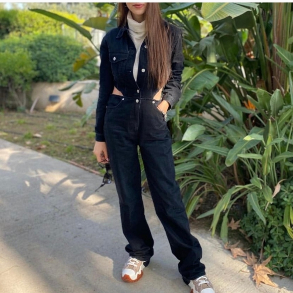 NWT * ZARA Jumpsuit Cut Out Denim Long Wide Leg - Picture 6 of 16